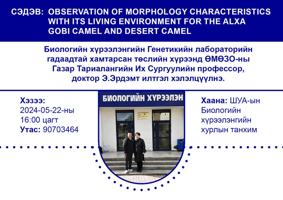 ИЛТГЭЛД УРЬЖ БАЙНА СЭДЭВ: OBSERVATION OF MORPHOLOGY CHARACTERISTICS WITH ITS LIVING ENVIRONMENT FOR THE ALXA GOBI CAMEL AND DESERT CAMEL